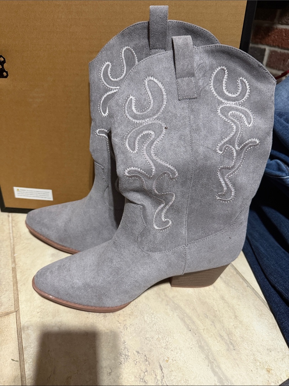 Grey Suede Western Heeled Boots